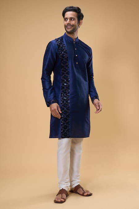 Shop Arihant Rai Sinha Blue Silk, Chanderi Zari Thread Embroidered Kurta And Churidar Set Online at Aza Fashions Shop_Arihant Rai Sinha_Blue Silk, Chanderi Zari Thread Embroidered Kurta And Churidar Set _Online_at_Aza_Fashions