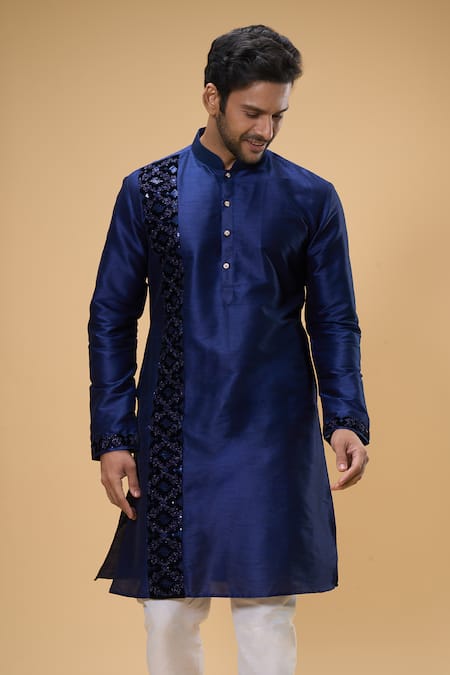 Arihant Rai Sinha Blue Silk, Chanderi Zari Thread Embroidered Kurta And Churidar Set at Aza Fashions Arihant Rai Sinha_Blue Silk, Chanderi Zari Thread Embroidered Kurta And Churidar Set _at_Aza_Fashions