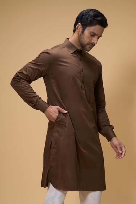 Arihant Rai Sinha_Brown Cotton Solid Kurta _at_Aza_Fashions