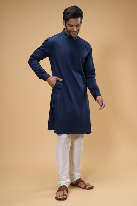 Buy_Arihant Rai Sinha_Blue Cotton Plain Kurta _Online_at_Aza_Fashions