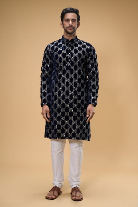 Arihant Rai Sinha_Blue Velvet Sequins Embroidered Kurta _Online_at_Aza_Fashions