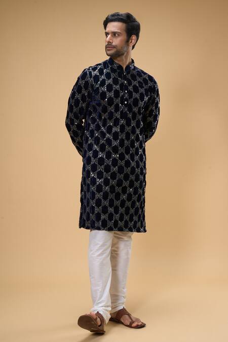 Buy_Arihant Rai Sinha_Blue Velvet Sequins Embroidered Kurta _Online_at_Aza_Fashions