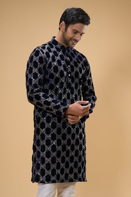 Shop_Arihant Rai Sinha_Blue Velvet Sequins Embroidered Kurta _Online_at_Aza_Fashions