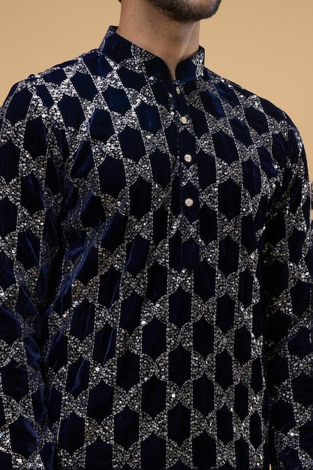 Arihant Rai Sinha_Blue Velvet Sequins Embroidered Kurta _at_Aza_Fashions