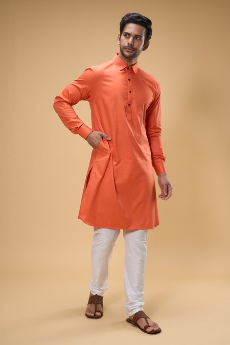 Arihant Rai Sinha Orange Soft Cotton Solid Collared Kurta