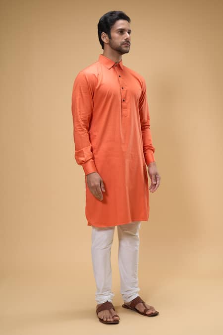 Shop Arihant Rai Sinha Orange Cotton Solid Collared Kurta Online at Aza Fashions Shop_Arihant Rai Sinha_Orange Cotton Solid Collared Kurta _Online_at_Aza_Fashions