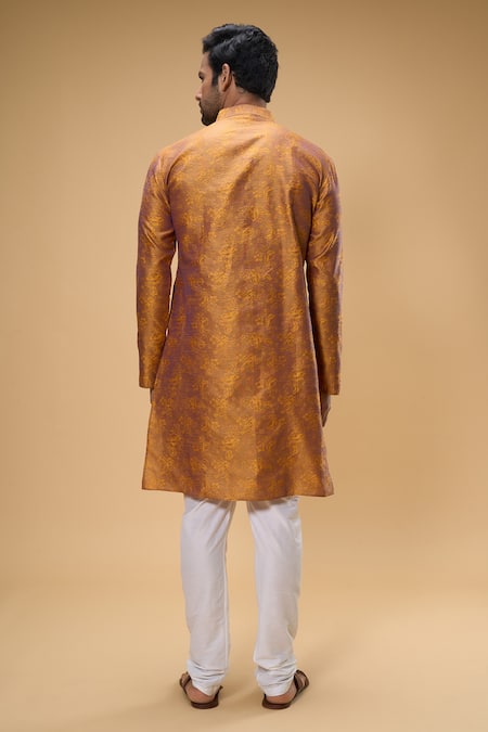 Shop Arihant Rai Sinha Orange Jacquard Embroidery Floral Woven Pattern Kurta at Aza Fashions Shop_Arihant Rai Sinha_Orange Jacquard Embroidery Floral Woven Pattern Kurta _at_Aza_Fashions