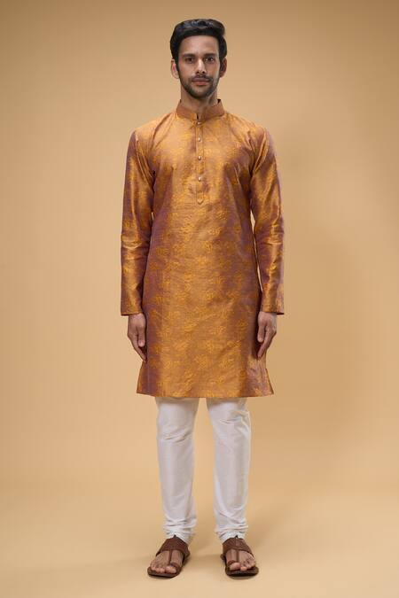 Arihant Rai Sinha Orange Jacquard Embroidery Floral Woven Pattern Kurta Online at Aza Fashions Arihant Rai Sinha_Orange Jacquard Embroidery Floral Woven Pattern Kurta _Online_at_Aza_Fashions