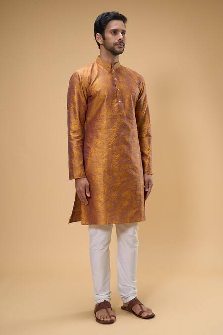 Shop Arihant Rai Sinha Orange Jacquard Embroidery Floral Woven Pattern Kurta Online at Aza Fashions Shop_Arihant Rai Sinha_Orange Jacquard Embroidery Floral Woven Pattern Kurta _Online_at_Aza_Fashions