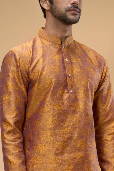 Arihant Rai Sinha Orange Jacquard Embroidery Floral Woven Pattern Kurta at Aza Fashions Arihant Rai Sinha_Orange Jacquard Embroidery Floral Woven Pattern Kurta _at_Aza_Fashions