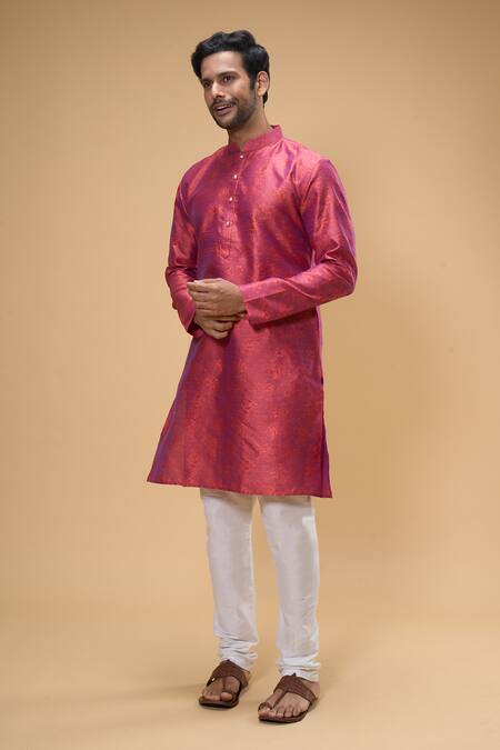 Buy_Arihant Rai Sinha_Pink Jacquard Embroidery Floral Woven Kurta _Online_at_Aza_Fashions