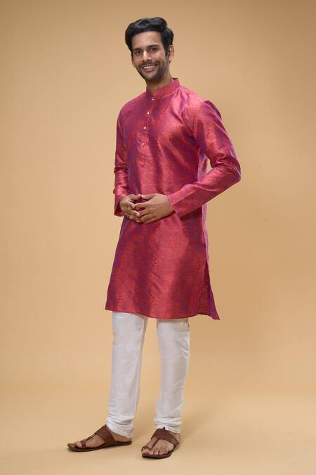 Shop_Arihant Rai Sinha_Pink Jacquard Embroidery Floral Woven Kurta _Online_at_Aza_Fashions