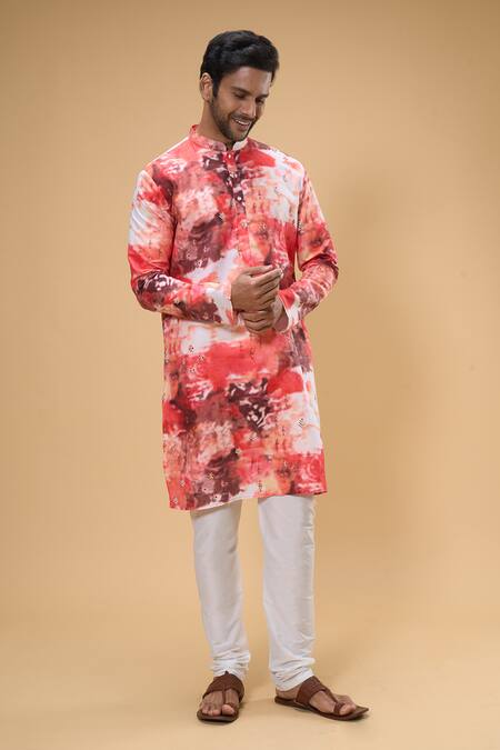Shop_Arihant Rai Sinha_White Cotton Embroidery Tie-dye Print Kurta _Online_at_Aza_Fashions