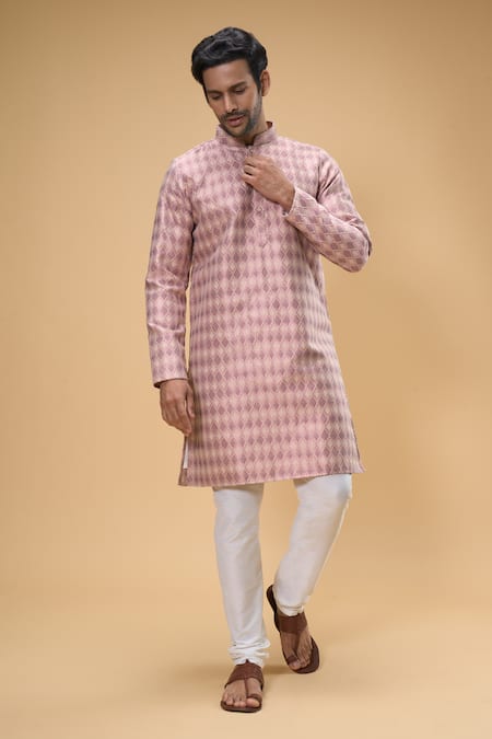 Shop_Arihant Rai Sinha_Pink Jacquard Embroidery Floral Work Kurta _Online_at_Aza_Fashions