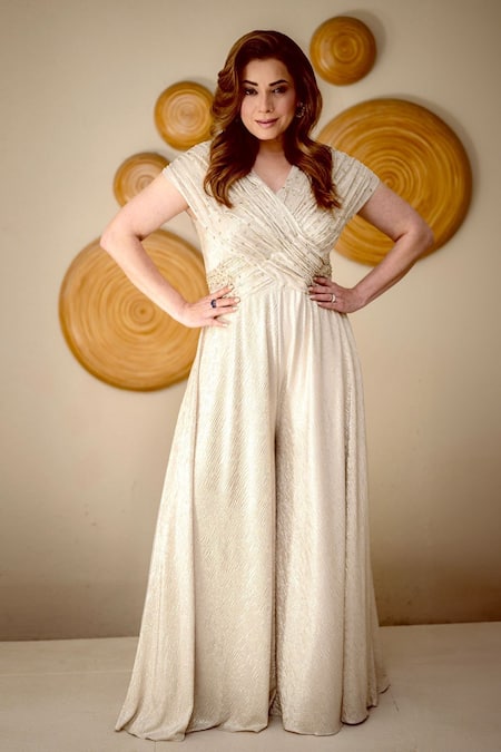 Shop_Babita Malkani_Gold Embroidery V-neck Criss Cross Shimmer Jumpsuit _at_Aza_Fashions