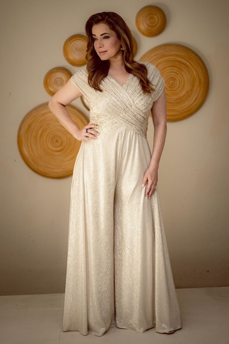 Buy_Babita Malkani_Gold Embroidery V-neck Criss Cross Shimmer Jumpsuit _Online_at_Aza_Fashions