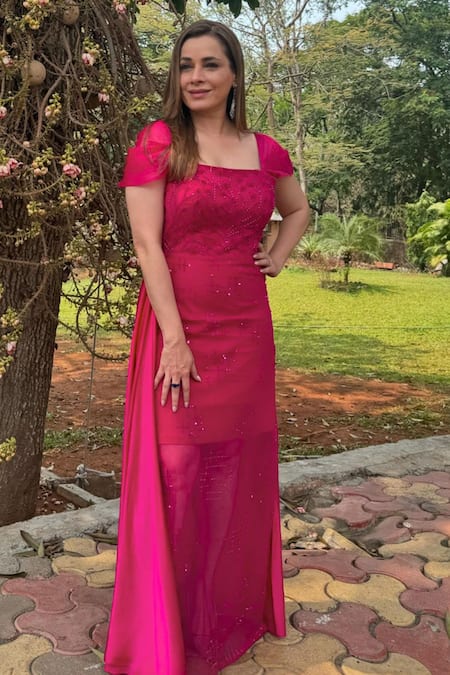 Shop_Babita Malkani_Pink Organza, Tulle, Silk Satin Embroidery, Beads Square Neck Floral Gown _at_Aza_Fashions