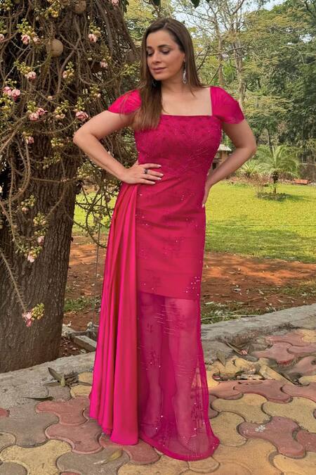 Babita Malkani_Pink Organza, Tulle, Silk Satin Embroidery, Beads Square Neck Floral Gown _Online_at_Aza_Fashions