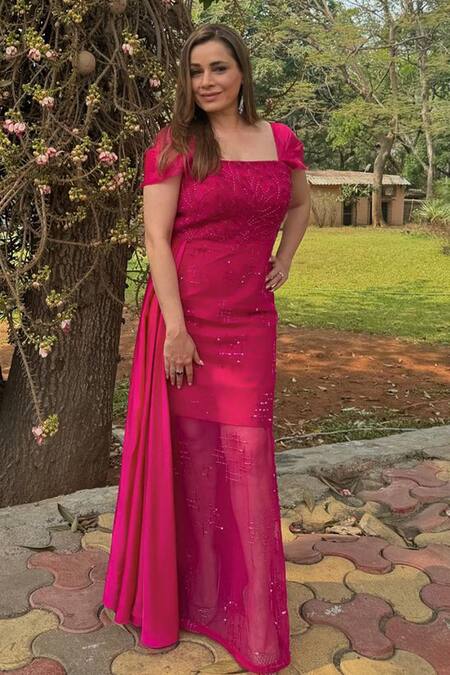 Buy_Babita Malkani_Pink Organza, Tulle, Silk Satin Embroidery, Beads Square Neck Floral Gown _Online_at_Aza_Fashions
