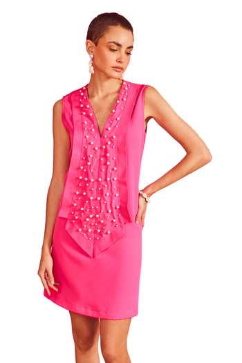 Pooja Shroff_Pink Crepe Pearls V-neck Ellora Embellished Panelled Short Dress_Online_at_Aza_Fashions
