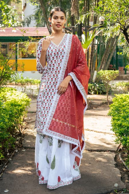 Maison Shefali Floral Hand Block Print Panelled Kurta Skirt Set 