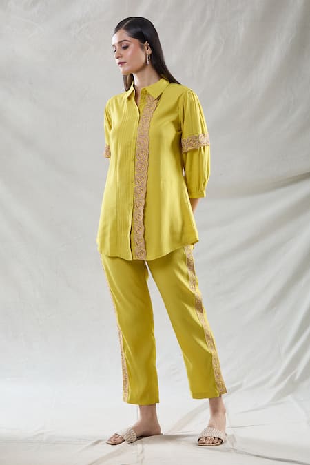 Buy_Naintara Bajaj_Yellow Viscose Lace Collared Rose Embroidered Shirt And Pant Set _Online_at_Aza_Fashions