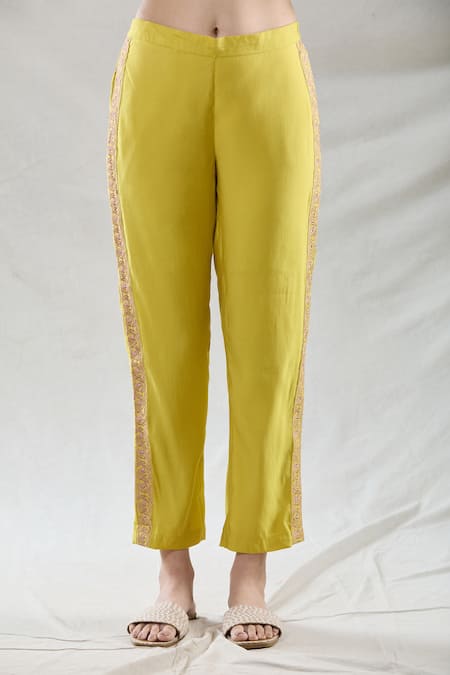 Shop_Naintara Bajaj_Yellow Viscose Lace Collared Rose Embroidered Shirt And Pant Set _Online_at_Aza_Fashions