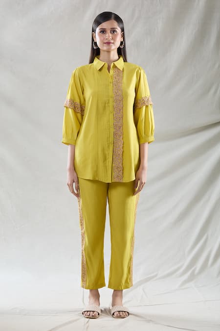 Naintara Bajaj_Yellow Viscose Lace Collared Rose Embroidered Shirt And Pant Set _at_Aza_Fashions