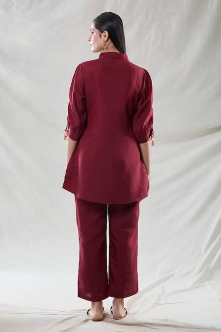 Shop Samyukta Singhania Red Viscose Embroidery Collared Floral Tunic And Pant Set at Aza Fashions Shop_Samyukta Singhania_Red Viscose Embroidery Collared Floral Tunic And Pant Set_at_Aza_Fashions