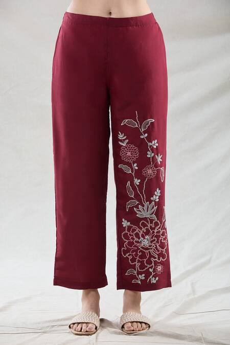 Samyukta Singhania Red Viscose Embroidery Collared Floral Tunic And Pant Set Online at Aza Fashions Samyukta Singhania_Red Viscose Embroidery Collared Floral Tunic And Pant Set_Online_at_Aza_Fashions