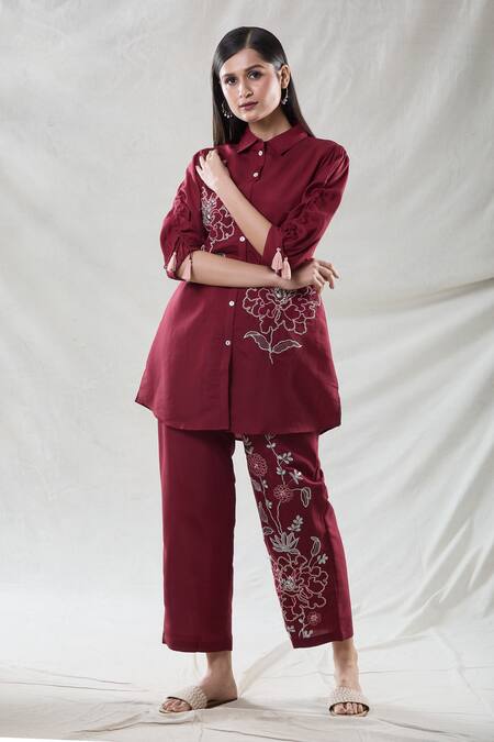 Buy Samyukta Singhania Red Viscose Embroidery Collared Floral Tunic And Pant Set Online at Aza Fashions Buy_Samyukta Singhania_Red Viscose Embroidery Collared Floral Tunic And Pant Set_Online_at_Aza_Fashions