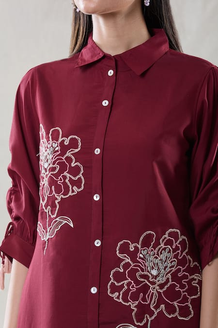 Shop Samyukta Singhania Red Viscose Embroidery Collared Floral Tunic And Pant Set Online at Aza Fashions Shop_Samyukta Singhania_Red Viscose Embroidery Collared Floral Tunic And Pant Set_Online_at_Aza_Fashions