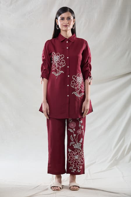 Samyukta Singhania Red Viscose Embroidery Collared Floral Tunic And Pant Set at Aza Fashions Samyukta Singhania_Red Viscose Embroidery Collared Floral Tunic And Pant Set_at_Aza_Fashions