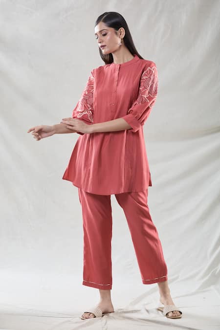 Naintara Bajaj_Red Viscose Applique Bandeau Neck Embroidered Tunic And Pant Set _Online_at_Aza_Fashions