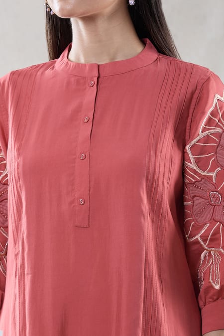 Buy_Naintara Bajaj_Red Viscose Applique Bandeau Neck Embroidered Tunic And Pant Set _Online_at_Aza_Fashions