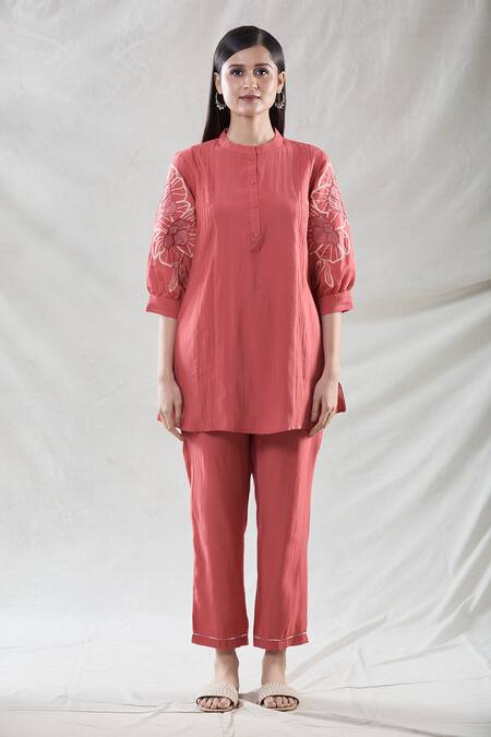 Naintara Bajaj_Red Viscose Applique Bandeau Neck Embroidered Tunic And Pant Set _at_Aza_Fashions