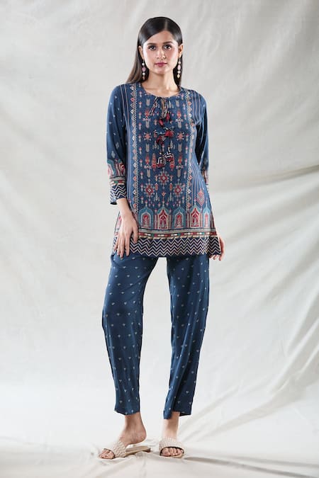Naintara Bajaj Blue Muslin Tassels Round Neck Short Tunic And Pant Set Online at Aza Fashions Naintara Bajaj_Blue Muslin Tassels Round Neck Short Tunic And Pant Set _Online_at_Aza_Fashions