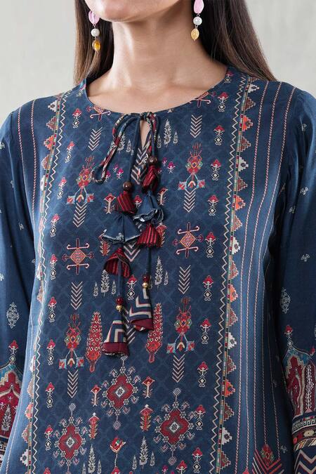 Buy Naintara Bajaj Blue Muslin Tassels Round Neck Short Tunic And Pant Set Online at Aza Fashions Buy_Naintara Bajaj_Blue Muslin Tassels Round Neck Short Tunic And Pant Set _Online_at_Aza_Fashions