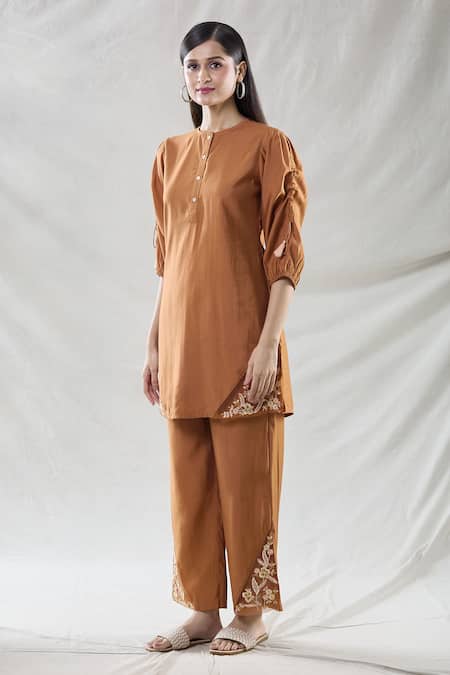 Naintara Bajaj Orange Viscose Embroidery Round Neck Kiaa Flora Tunic With Pant Online at Aza Fashions Naintara Bajaj_Orange Viscose Embroidery Round Neck Kiaa Flora Tunic With Pant _Online_at_Aza_Fashions