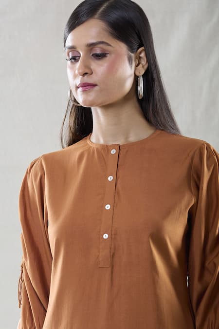 Shop Naintara Bajaj Orange Viscose Embroidery Round Neck Kiaa Flora Tunic With Pant Online at Aza Fashions Shop_Naintara Bajaj_Orange Viscose Embroidery Round Neck Kiaa Flora Tunic With Pant _Online_at_Aza_Fashions