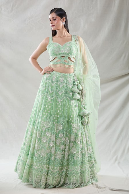 Samyukta Singhania Green Net Embroidery Sequin Sweetheart Neck Floral Lehenga Set