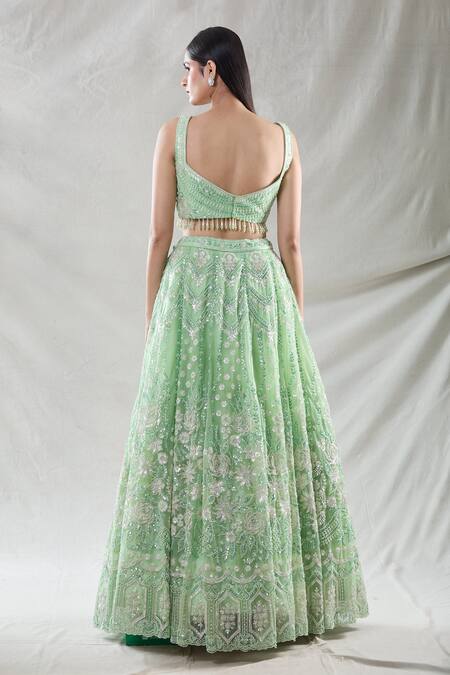 Shop Samyukta Singhania Green Net Sequins, Cut Work, Embroidery, Beads Sweetheart Floral Lehenga Set at Aza Fashions Shop_Samyukta Singhania_Green Net Sequins, Cut Work, Embroidery, Beads Sweetheart Floral Lehenga Set_at_Aza_Fashions