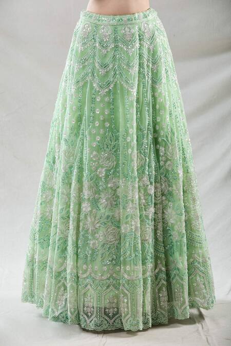 Samyukta Singhania Green Net Sequins, Cut Work, Embroidery, Beads Sweetheart Floral Lehenga Set Online at Aza Fashions Samyukta Singhania_Green Net Sequins, Cut Work, Embroidery, Beads Sweetheart Floral Lehenga Set_Online_at_Aza_Fashions