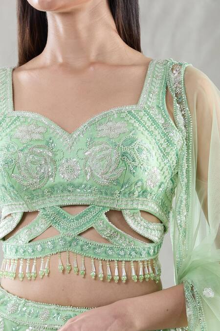 Buy Samyukta Singhania Green Net Sequins, Cut Work, Embroidery, Beads Sweetheart Floral Lehenga Set Online at Aza Fashions Buy_Samyukta Singhania_Green Net Sequins, Cut Work, Embroidery, Beads Sweetheart Floral Lehenga Set_Online_at_Aza_Fashions