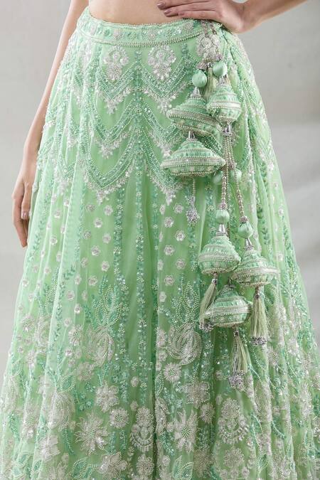 Shop Samyukta Singhania Green Net Sequins, Cut Work, Embroidery, Beads Sweetheart Floral Lehenga Set Online at Aza Fashions Shop_Samyukta Singhania_Green Net Sequins, Cut Work, Embroidery, Beads Sweetheart Floral Lehenga Set_Online_at_Aza_Fashions