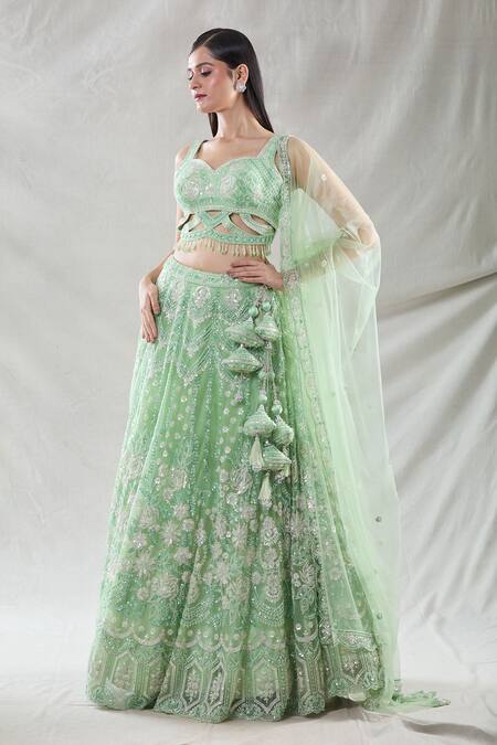 Samyukta Singhania Green Net Sequins, Cut Work, Embroidery, Beads Sweetheart Floral Lehenga Set at Aza Fashions Samyukta Singhania_Green Net Sequins, Cut Work, Embroidery, Beads Sweetheart Floral Lehenga Set_at_Aza_Fashions