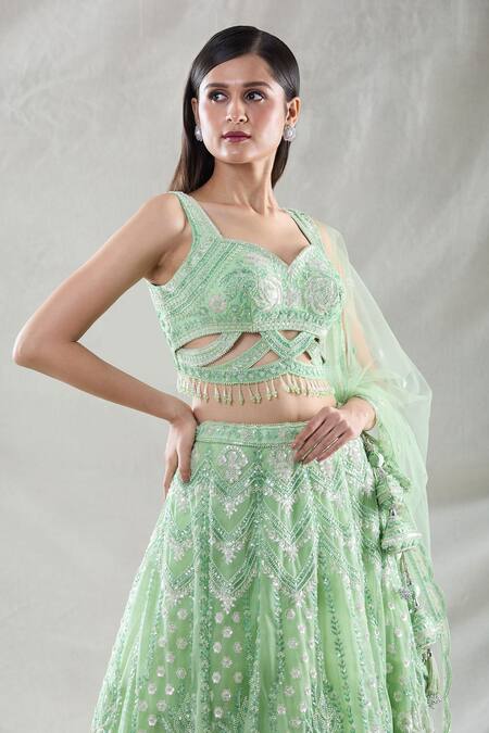 Buy Samyukta Singhania Green Net Sequins, Cut Work, Embroidery, Beads Sweetheart Floral Lehenga Set Buy_Samyukta Singhania_Green Net Sequins, Cut Work, Embroidery, Beads Sweetheart Floral Lehenga Set