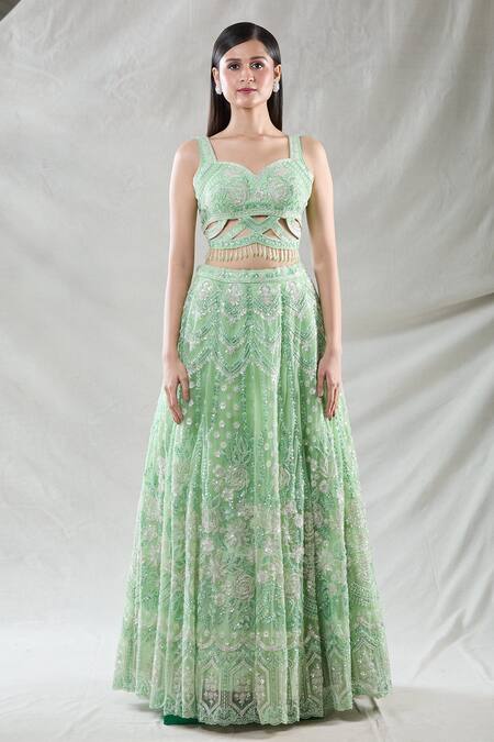 Shop Samyukta Singhania Green Net Sequins, Cut Work, Embroidery, Beads Sweetheart Floral Lehenga Set Shop_Samyukta Singhania_Green Net Sequins, Cut Work, Embroidery, Beads Sweetheart Floral Lehenga Set