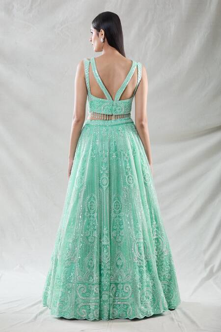 Shop Samyukta Singhania Green Net Beads, Sequins, Cut Work Sweetheart Stripe Embroidered Lehenga Set at Aza Fashions Shop_Samyukta Singhania_Green Net Beads, Sequins, Cut Work Sweetheart Stripe Embroidered Lehenga Set_at_Aza_Fashions
