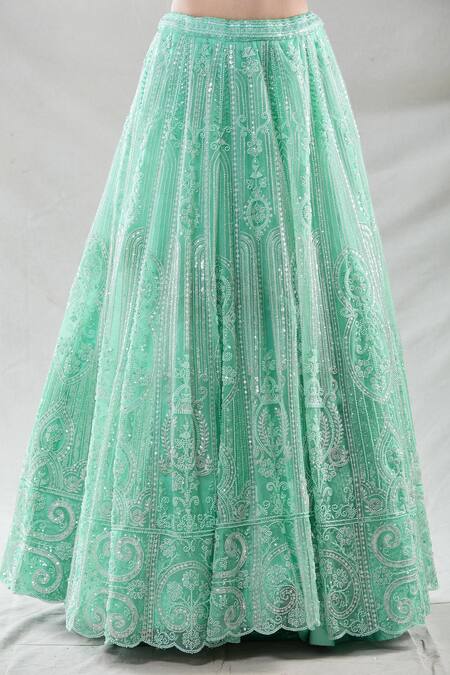Samyukta Singhania Green Net Beads, Sequins, Cut Work Sweetheart Stripe Embroidered Lehenga Set Online at Aza Fashions Samyukta Singhania_Green Net Beads, Sequins, Cut Work Sweetheart Stripe Embroidered Lehenga Set_Online_at_Aza_Fashions
